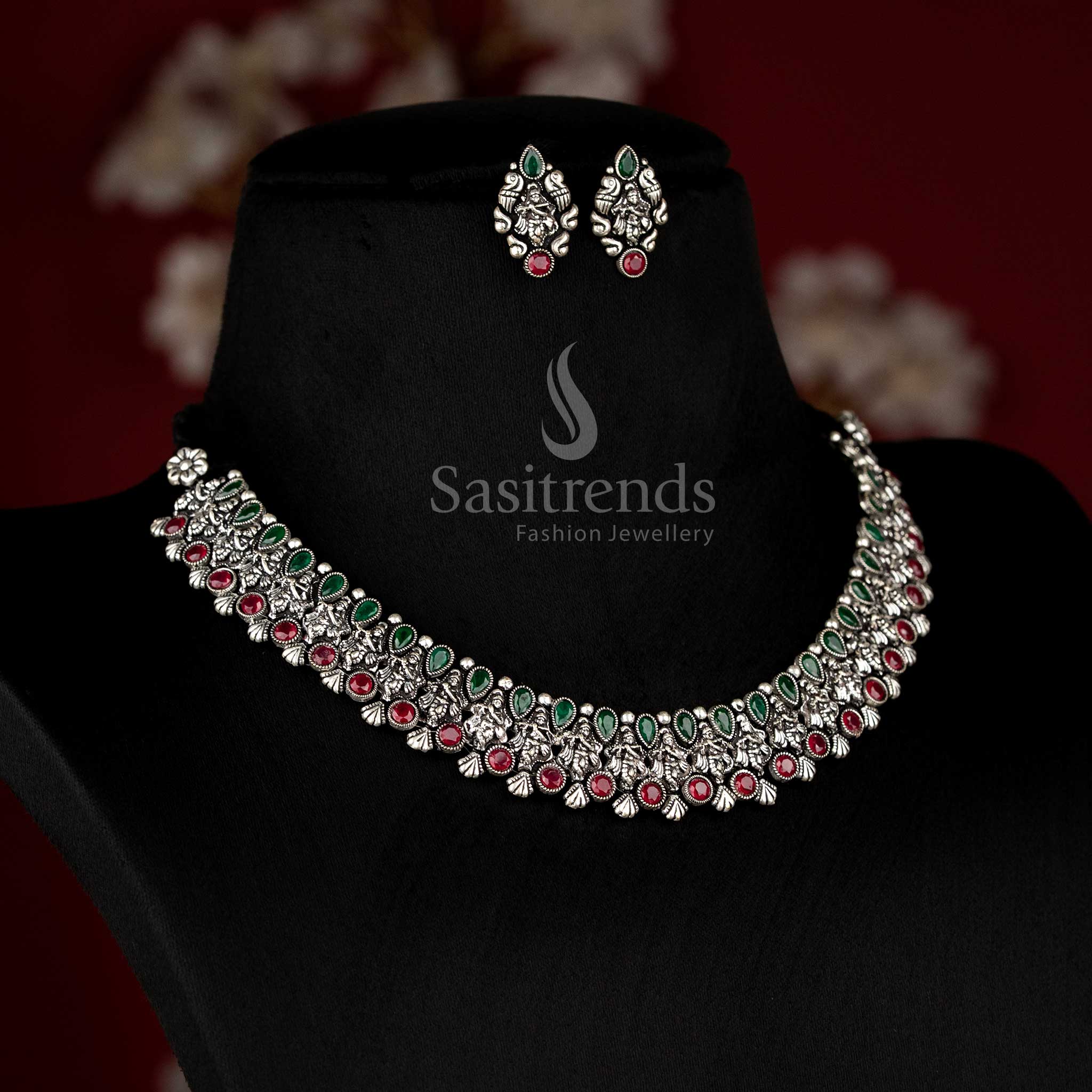 Traditional Krishnar Oxidised German Silver Necklace Set with Earrings and Stones - Exquisite Ethnic Jewellery - Sasitrends