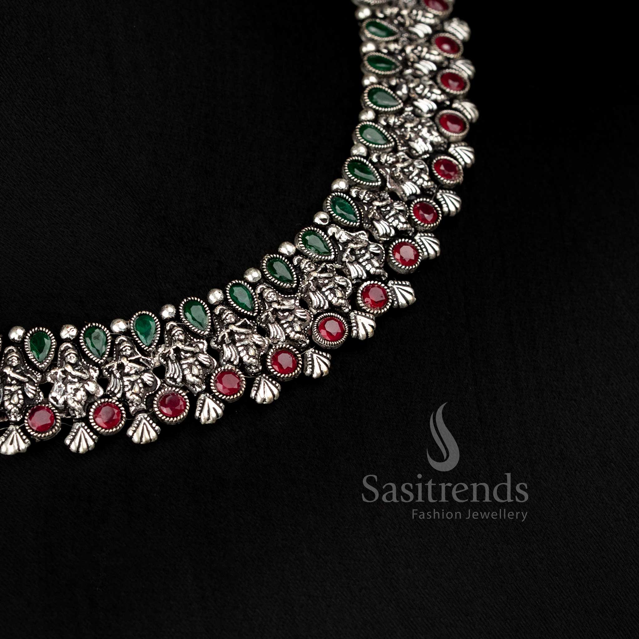 Traditional Krishnar Oxidised German Silver Necklace Set with Earrings and Stones - Exquisite Ethnic Jewellery - Sasitrends