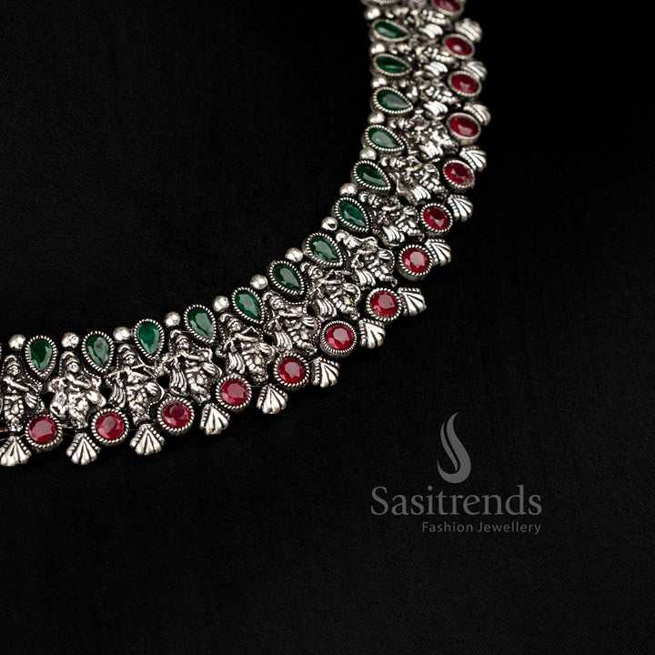Traditional Krishnar Oxidised German Silver Necklace Set with Earrings and Stones - Exquisite Ethnic Jewellery - Sasitrends