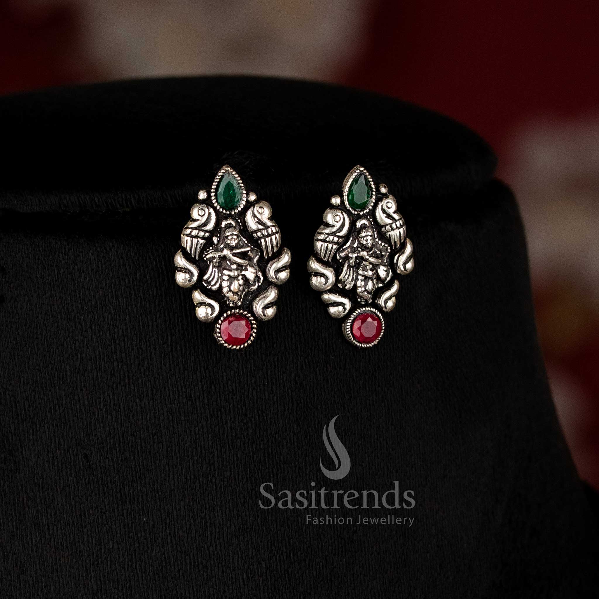 Traditional Krishnar Oxidised German Silver Necklace Set with Earrings and Stones - Exquisite Ethnic Jewellery - Sasitrends
