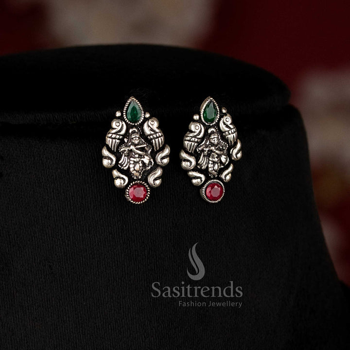 Traditional Krishnar Oxidised German Silver Necklace Set with Earrings and Stones - Exquisite Ethnic Jewellery - Sasitrends