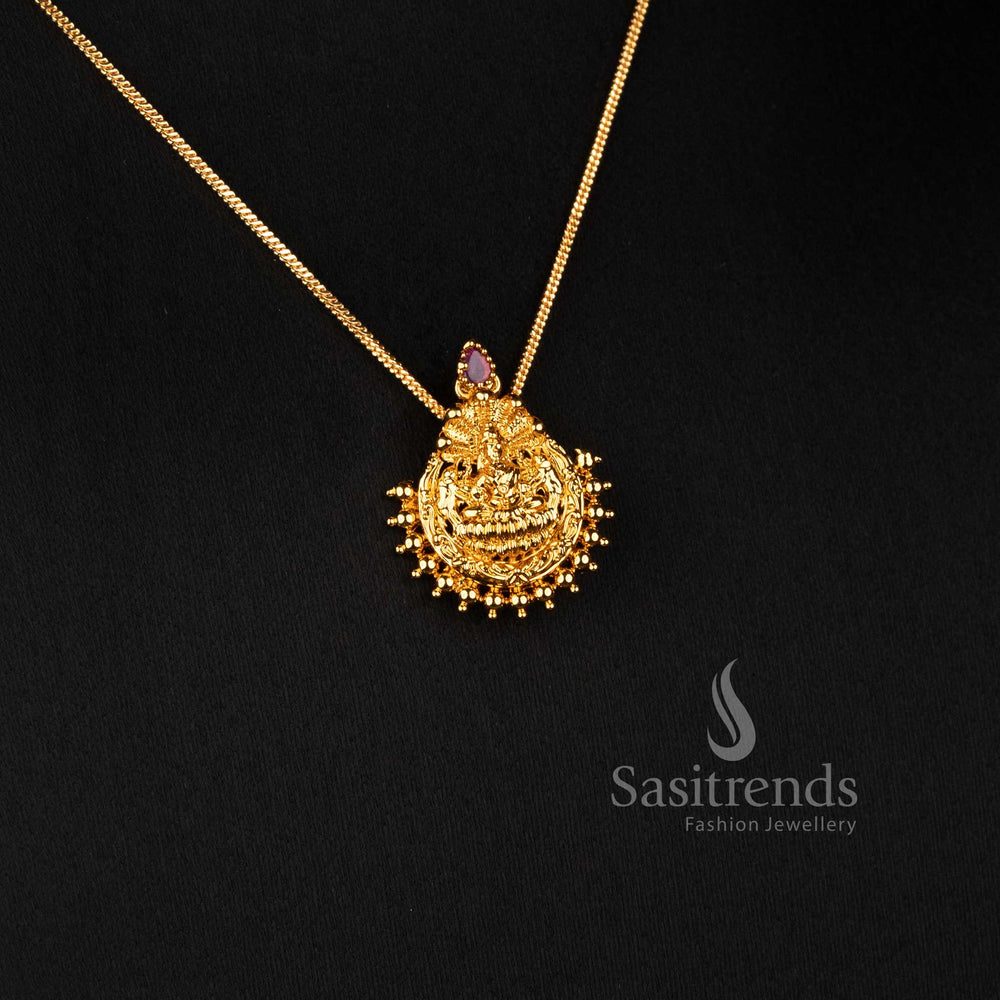 Elegant Matte Gold Goddess Lakshmi Pendant with Granulated Sunburst Border and Ruby Accent - Sasitrends