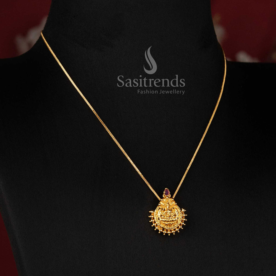 Elegant Matte Gold Goddess Lakshmi Pendant with Granulated Sunburst Border and Ruby Accent - Sasitrends