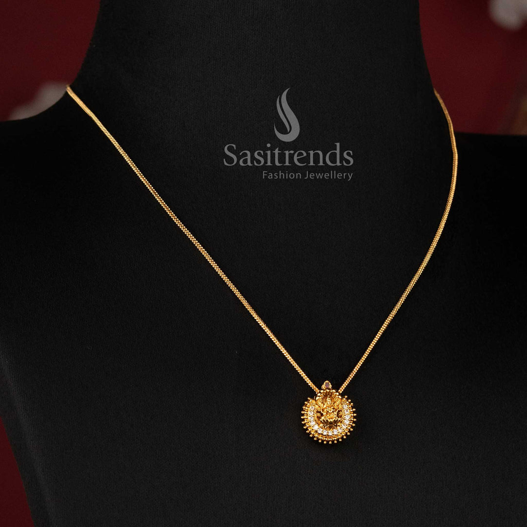 Micro Gold Plated Chain with Matte Gold AD Goddess Lakshmi Temple Pendant Necklace with CZ Halo - Sasitrends