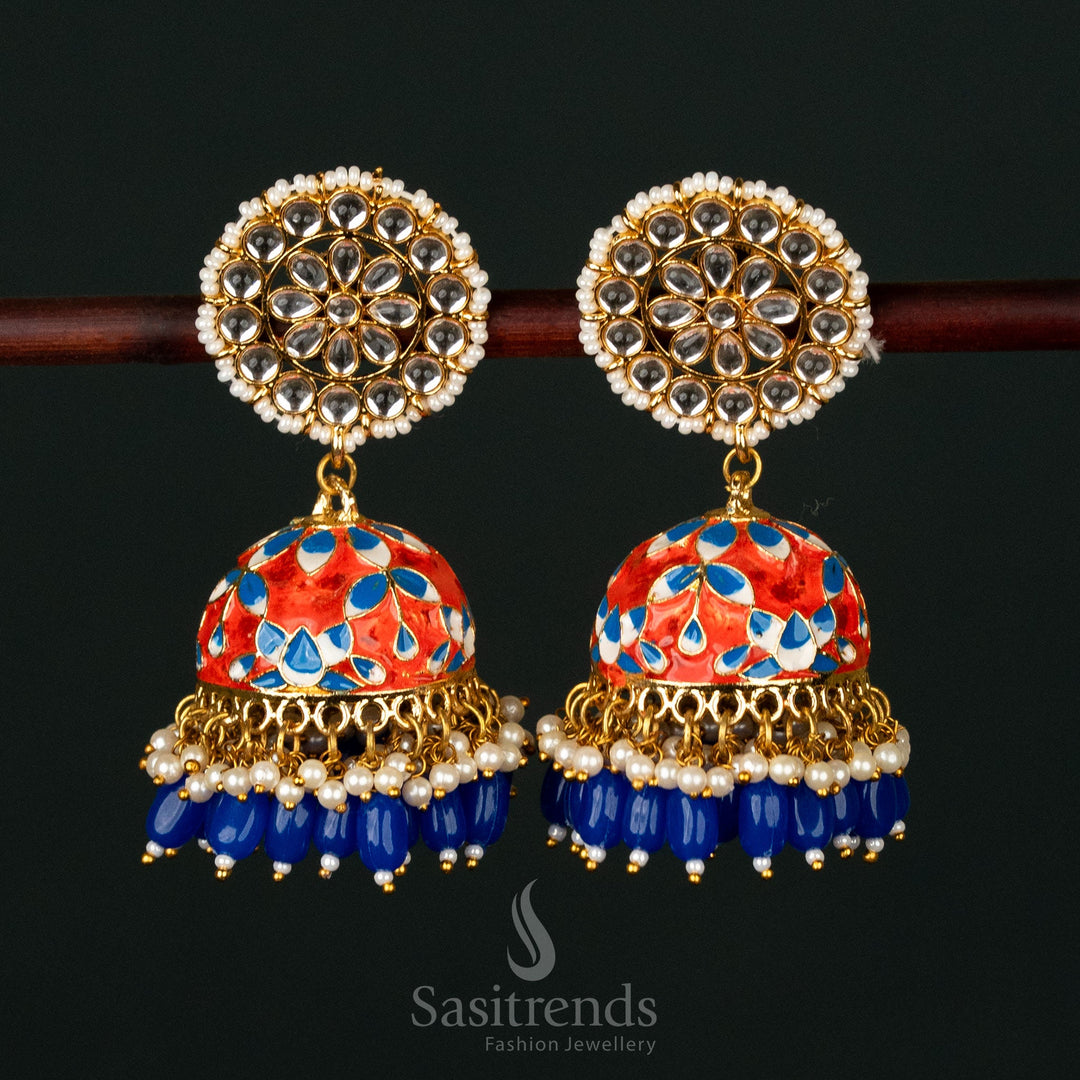 Delicate Orange-Blue gold plated pearl jhumka earrings adorned with fine kundan detailing, a beautiful handmade piece for festive and bridal occasions - Sasitrends