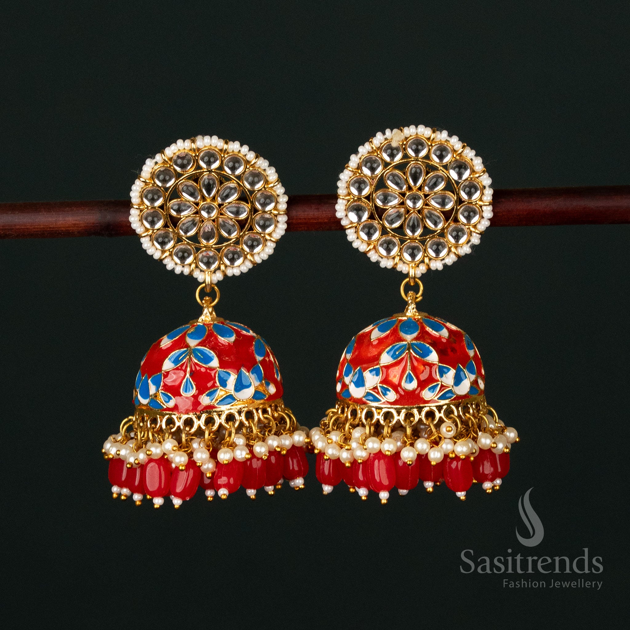 Stunning red-lite blue gold plated pearl jhumka earrings featuring exquisite kundan detailing, perfect for temple and royal celebrations - Sasitrends
