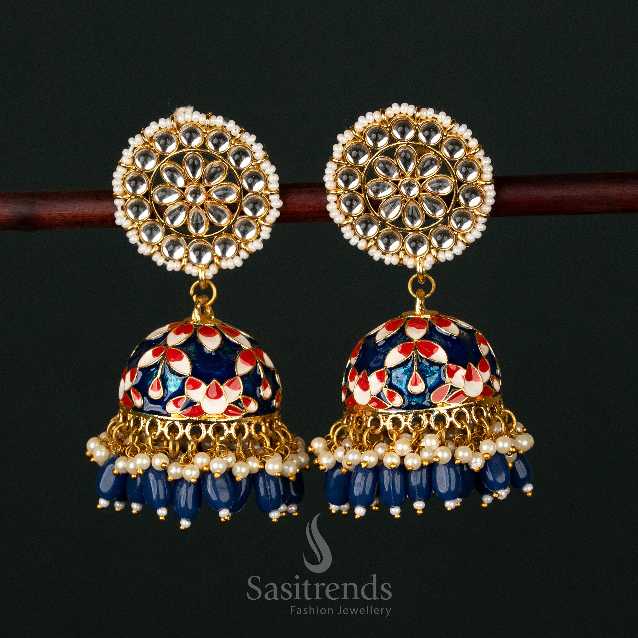 Breathtaking blue-red gold plated pearl jhumka earrings with an artistic kundan-studded design, a must-have for traditional wedding celebrations - Sasitrends