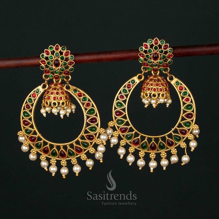 Intricate Chandbali Hoop Ruby-Green Earrings with Pearl Embellishments – Festive Wear - Sasitrends
