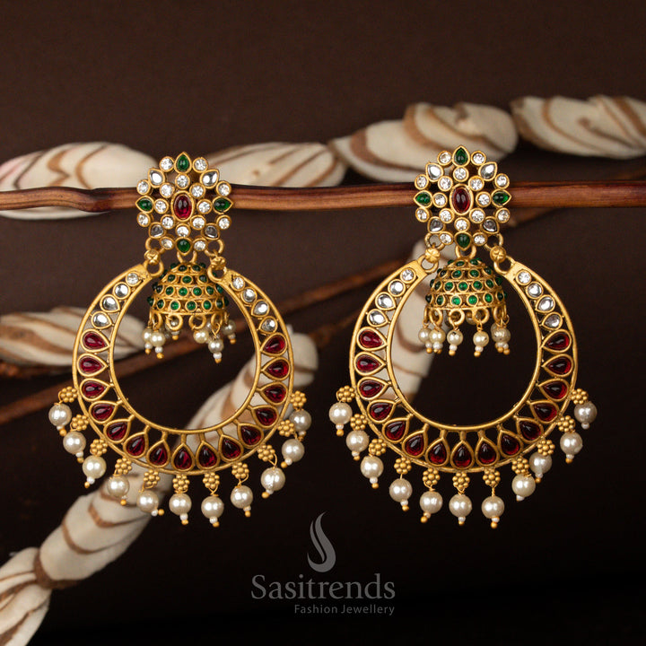 Opulent gold-plated ruby multi Chandbali earrings with pearl embellishments, exuding royal grandeur and timeless traditional festive jewellery charm - Sasitrends