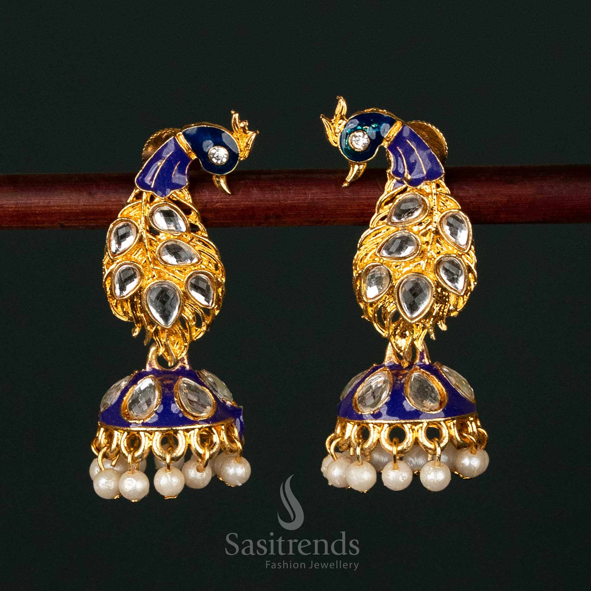 Traditional temple wear peacock earrings with enamel detailing and pearls - Sasitrends