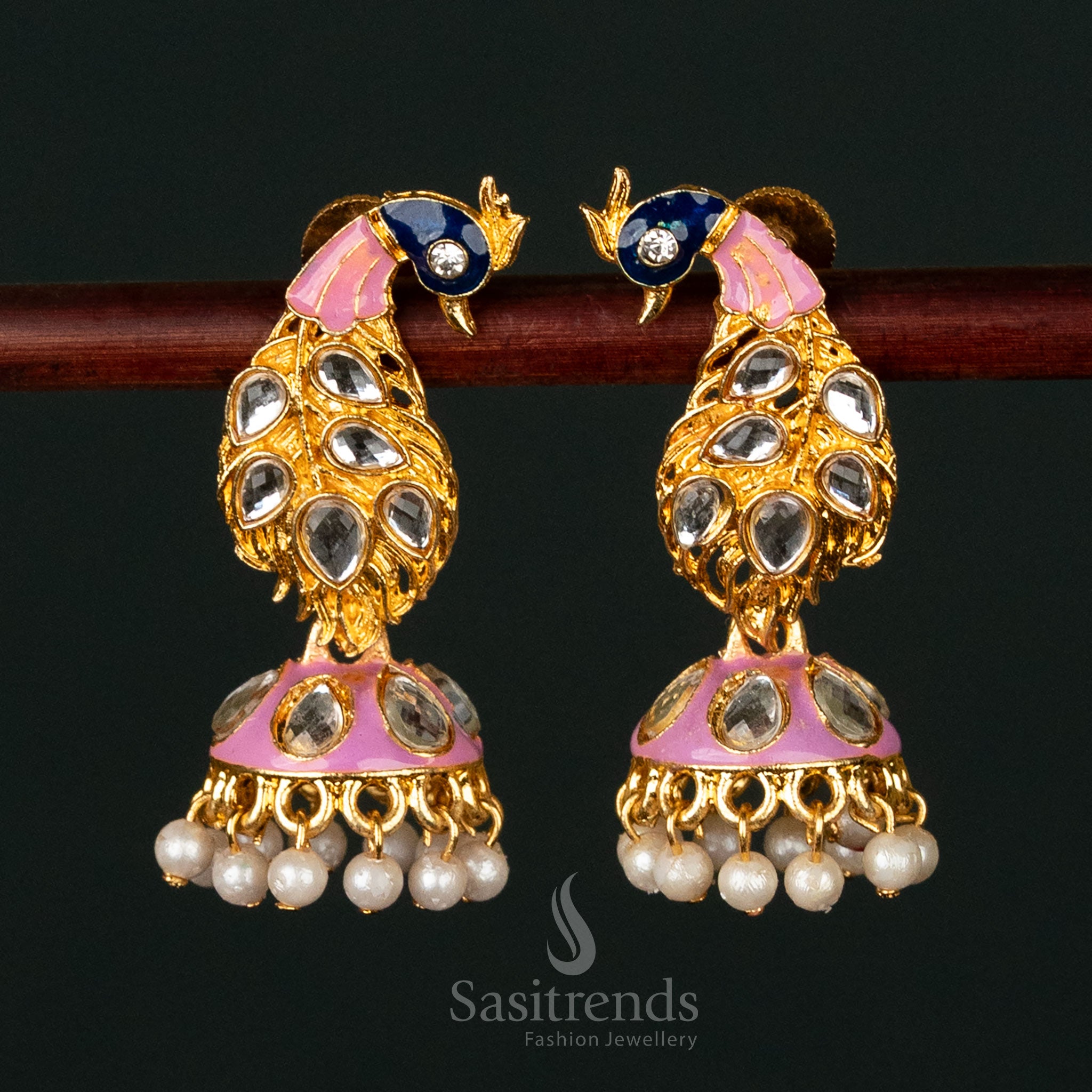 Traditional temple wear peacock earrings with enamel detailing and pearls - Sasitrends