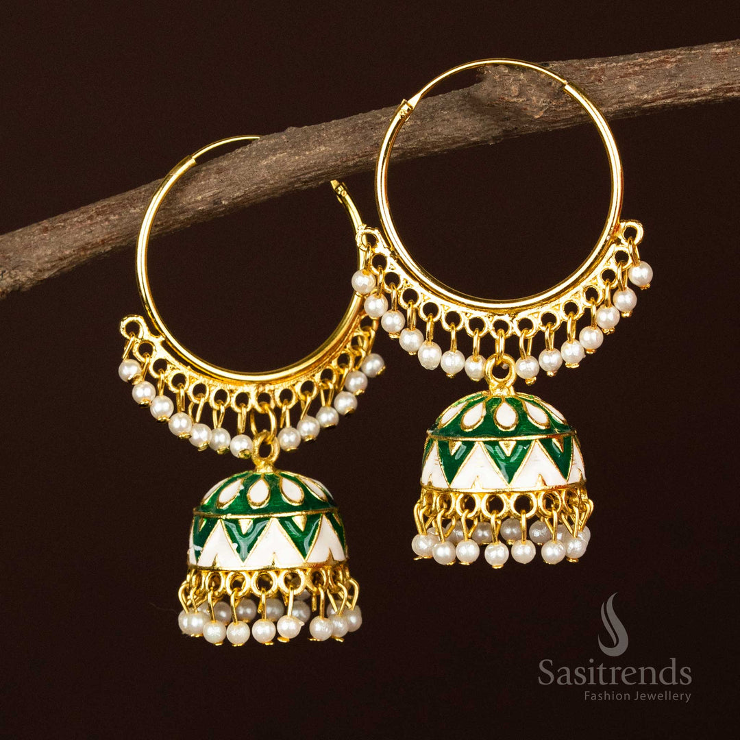 Trendy Gold plated chandbali earrings with painted dome and pearl hangings - Sasitrends