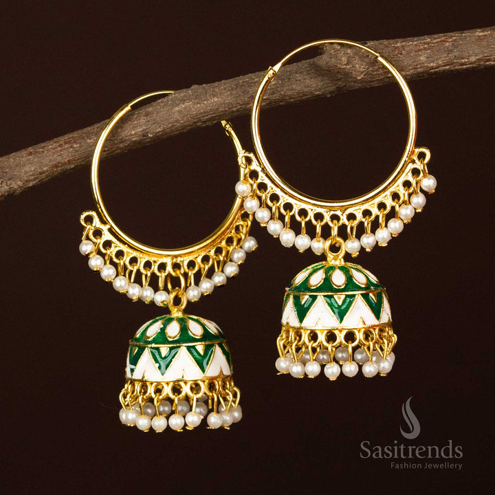 Trendy Gold Plated Painted Pearl Chandbali Jhumka Earrings with Dome and Fringe Design - Sasitrends
