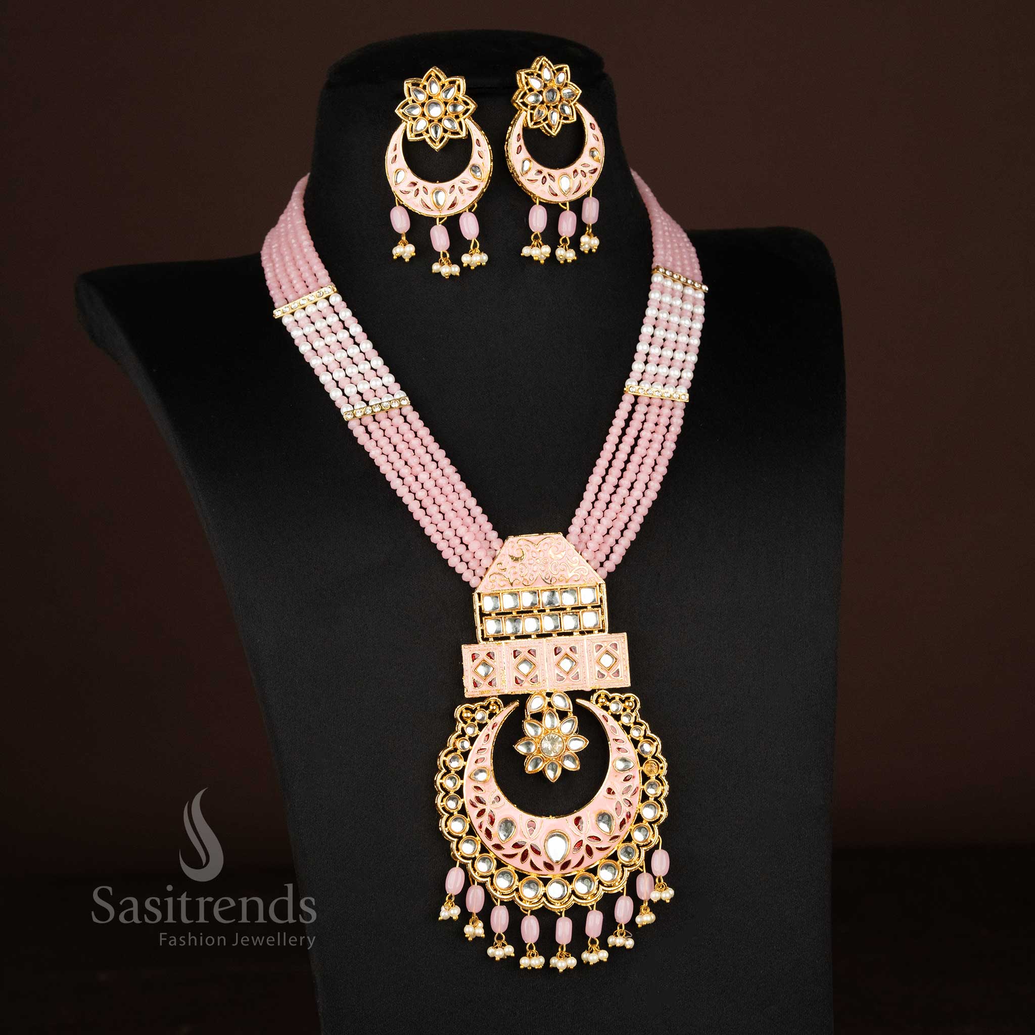 Gold Plated Moti Necklace Set with Painted Pendant and Earrings ...