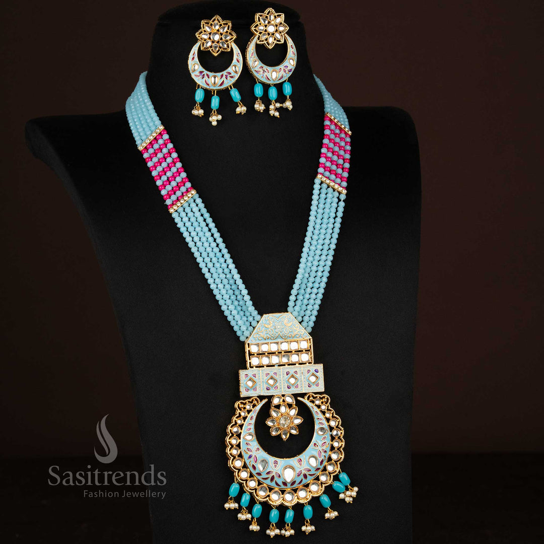 Stylish Gold Plated Multi-Strand Moti Necklace Jewellery Set with Crescent  Painted Pendant and Matching Earrings Sasitrends