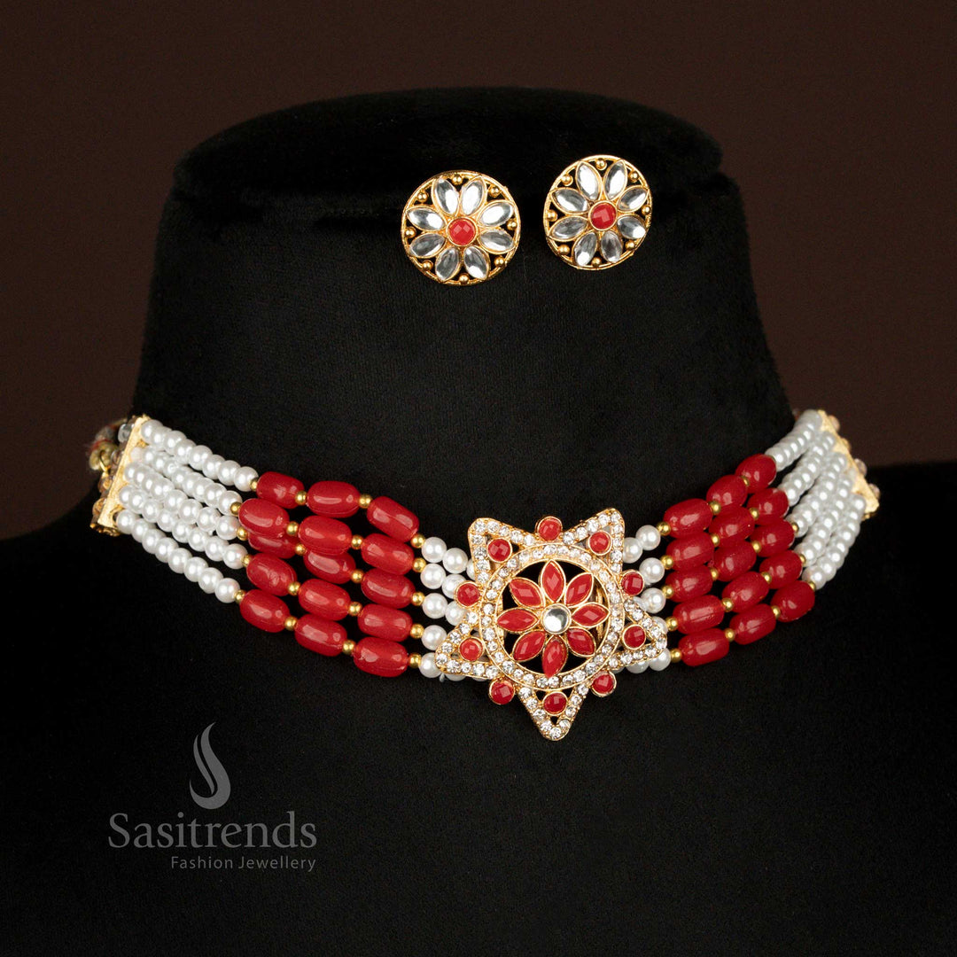 Ruby red multi-strand pearl choker necklace with kundan floral pendant and matching studs – bridal flair jewellery by sasitrends