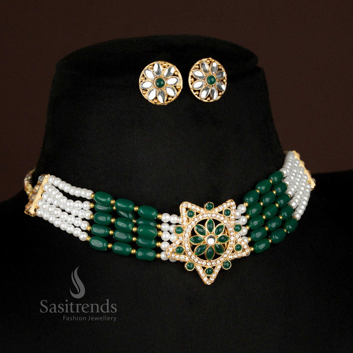 Forest green pearl choker necklace with kundan floral star centrepiece and stud earrings – traditional treasures jewellery by sasitrends