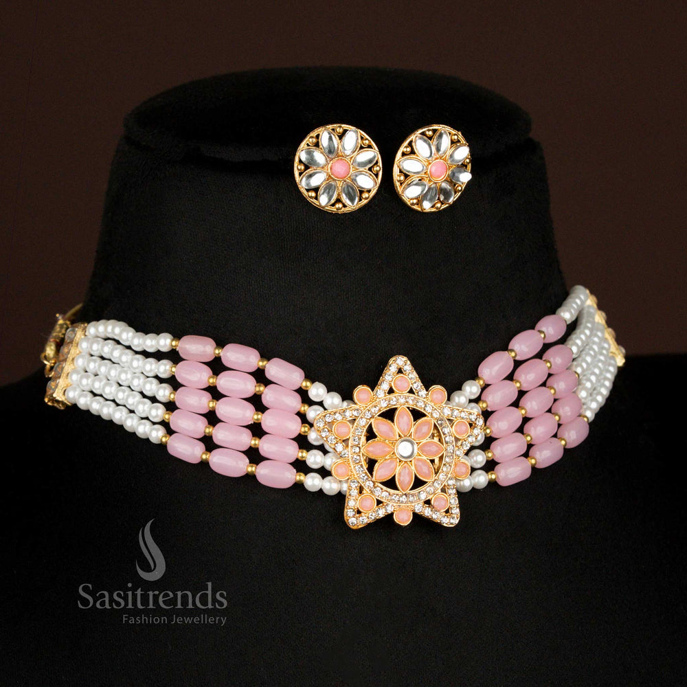 Baby pink pearl bead choker necklace with kundan floral pendant and earrings – elegant dreams jewellery from sasitrends