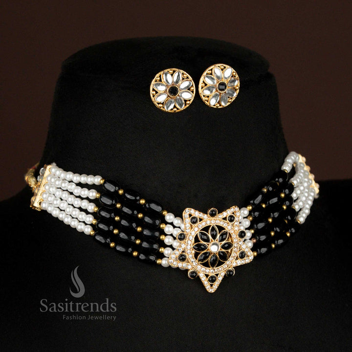 Classic black multi-strand pearl bead choker with floral kundan star pendant – ethnic allure jewellery from sasitrends