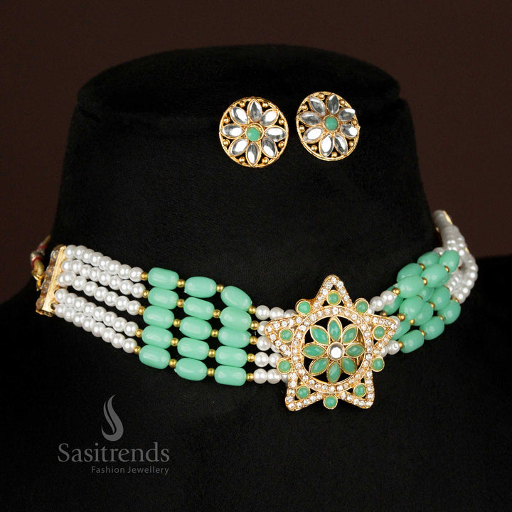 Soft mint multi-layer pearl choker set with kundan floral star pendant and earrings – glow and grace jewellery by sasitrends