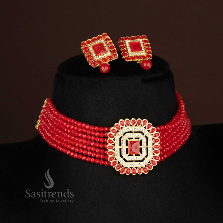 Maroon red crystal bead choker set with golden octagon drop and square earrings – wedding glow jewellery by sasitrends
