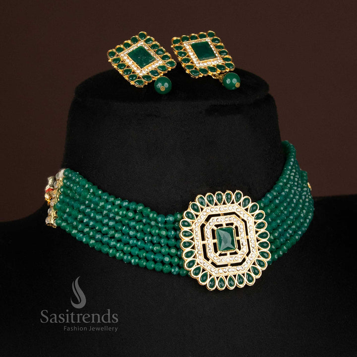 Emerald green crystal bead choker with octagon stone pendant and square drop earrings – royal flourish jewellery by sasitrends