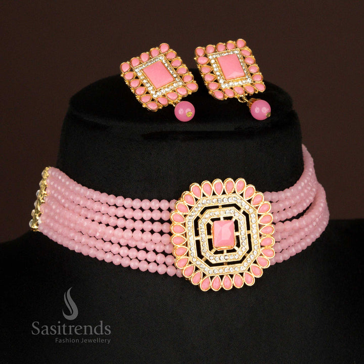 Blush pink multi-strand crystal bead choker with octagon stone pendant and earrings – romantic essence jewellery by sasitrends