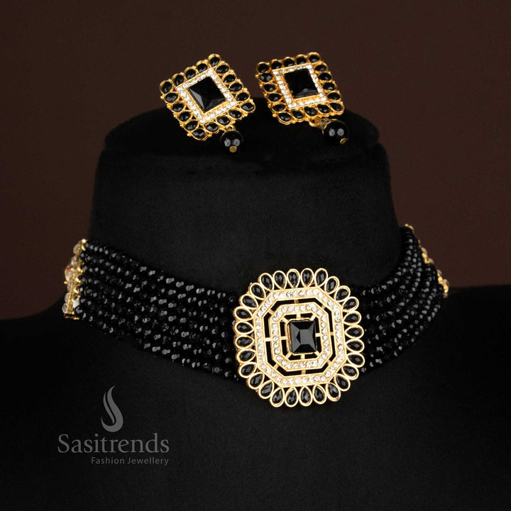 Jet black crystal bead choker with layered strands and large octagonal centrepiece – noir classic jewellery from sasitrends