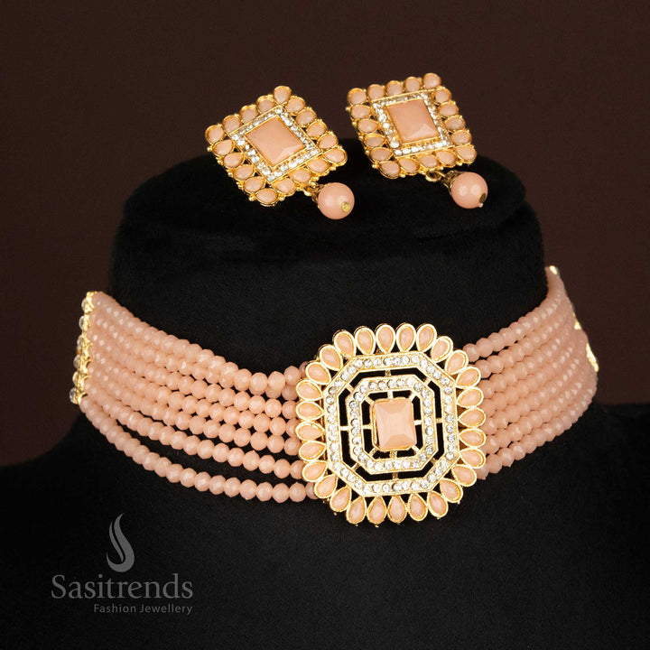 Soft peach crystal bead choker necklace with octagon stone pendant and square earrings – sunset charm jewellery by sasitrends