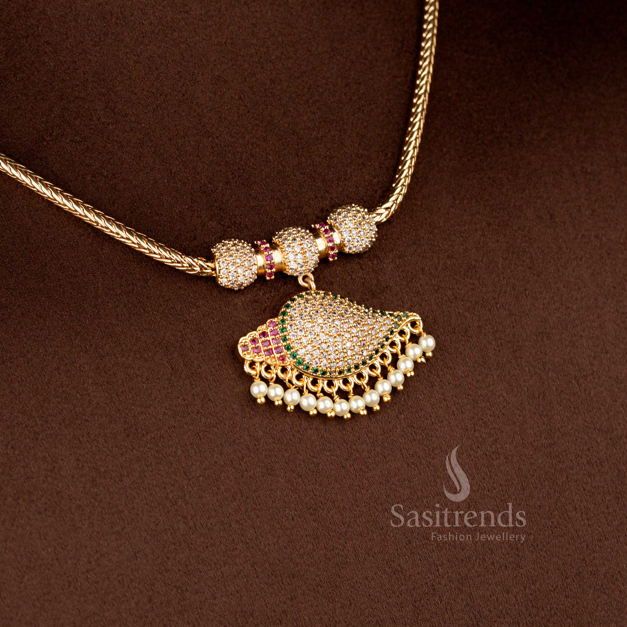 Sasitrends one gram micro gold plated pendant chain necklace crafted in a layered fan-style pendant structure, embellished with multi colour AD stones and pearl drop detailing, completed with a polished chain that looks like real 24K gold, traditional and guaranteed.