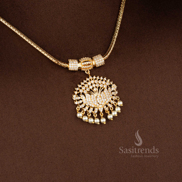 Sasitrends traditional one gram pendant chain necklace designed with a detailed lotus-shaped pendant structure highlighted by white AD stones and bordered with delicate pearl hangings, offering a refined 24K gold-like finish.