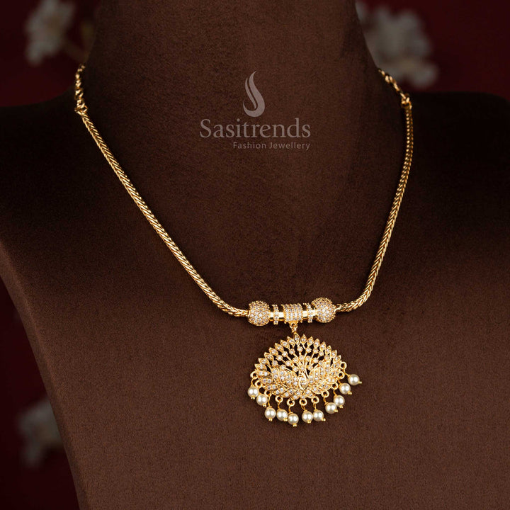 Sasitrends micro gold plated pendant chain necklace showcasing an ornate lotus motif pendant structure with white AD stone detailing and pearl hangings, completed with a smooth gold-tone chain for a classic traditional appearance.