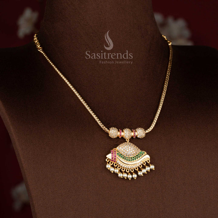 Sasitrends micro gold plated pendant chain necklace showcasing a paisley crescent-style pendant structure adorned with multi colour AD stones and pearl fringe detailing, completed with a smooth chain for an authentic traditional appearance.