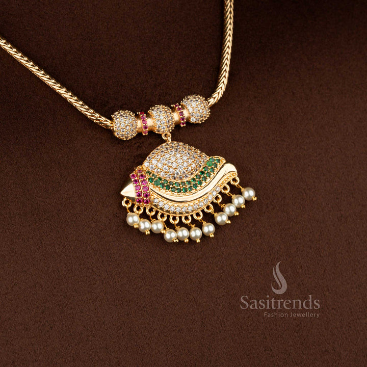 Sasitrends micro gold plated one gram pendant chain necklace featuring a layered crescent-shaped pendant structure embellished with multi colour AD stones and pearl drop accents, paired with a gold-tone chain for a festive real gold look.