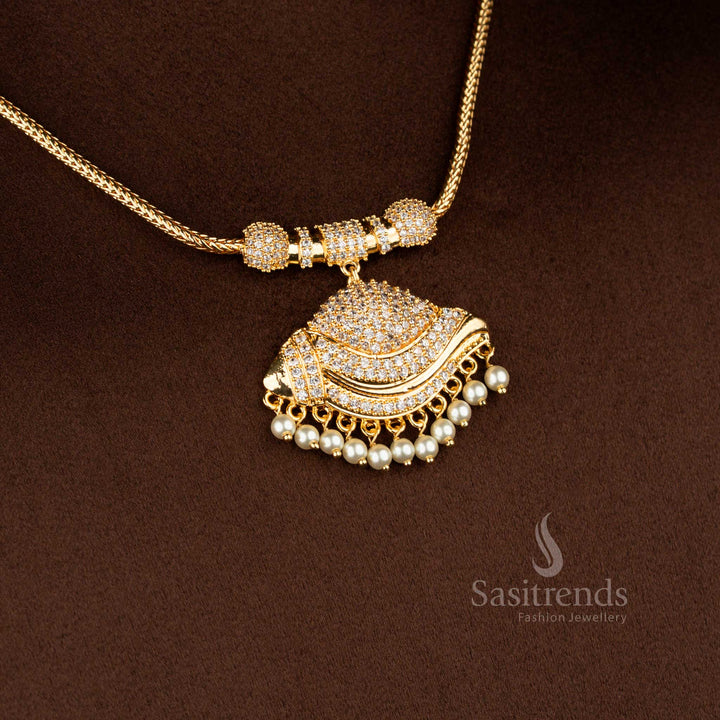 Sasitrends micro gold plated one gram pendant chain necklace featuring a layered crescent-shaped pendant structure with overlapping curved panels fully set in white AD stones, finished with pearl drop hangings and paired with a textured chain for a 24K real gold look.