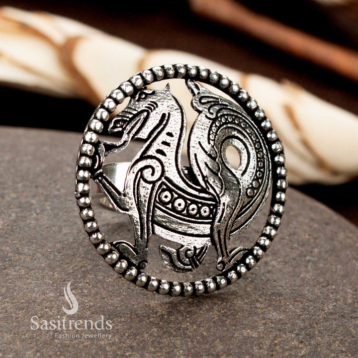 Oxidised peacock motif ring with engraved antique finish – Sasitrends