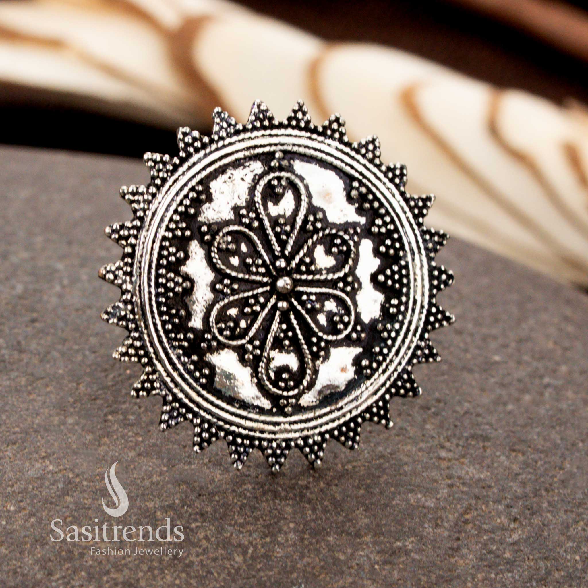 Floral swirl oxidised ring with petal dome pattern for saree styling – Sasitrends