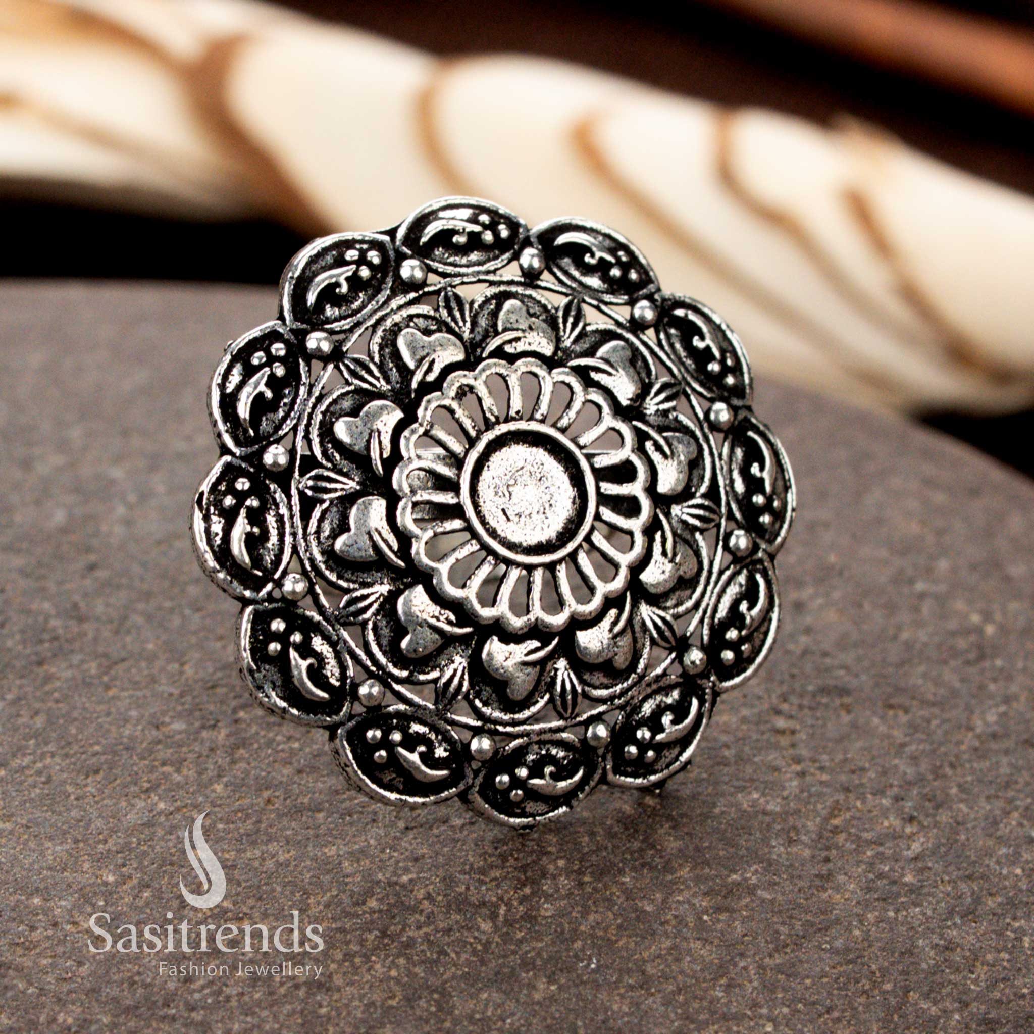 Floral swirl oxidised ring with petal dome pattern for saree styling – Sasitrends