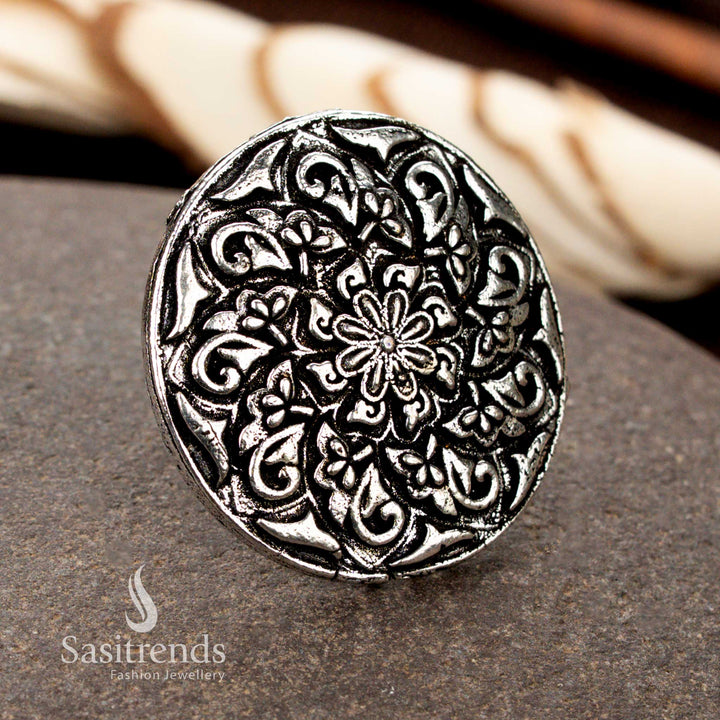 Collection of  Unique Oxidised Adjustable Rings Featuring Floral, Tribal, Peacock, and Swirl Designs – Traditional Wear Jewellery - Sasitrends - Sasitrends