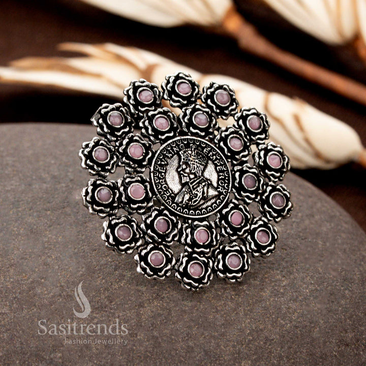 Beautiful Oxidised Floral Coin Pattern Ring with Intricate Stone Embellishments - Sasitrends