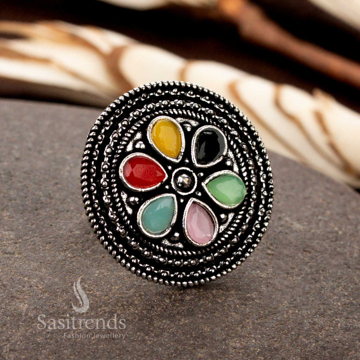 Attractive Collection Of Oxidised Adjustable Floral Stone Ring with Intricate Petal Design – Traditional Wear Statement Ring - Sasitrends