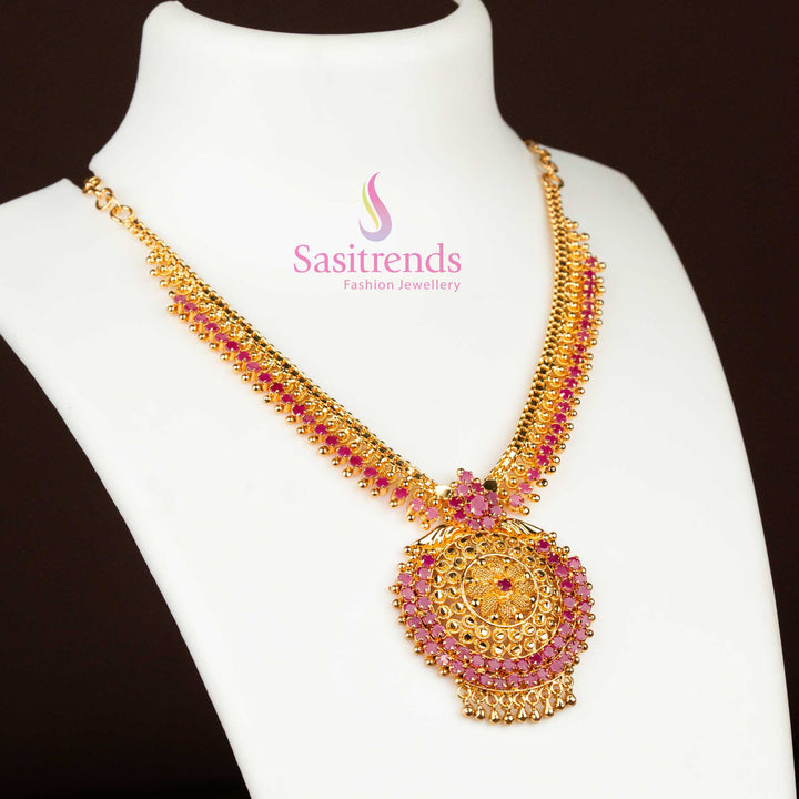Eternal Elegance ruby traditional Indian necklace with a micro gold-plated finish, highlighted by kemp-style American diamond stones, a timeless classic jewellery piece – Sasitrends