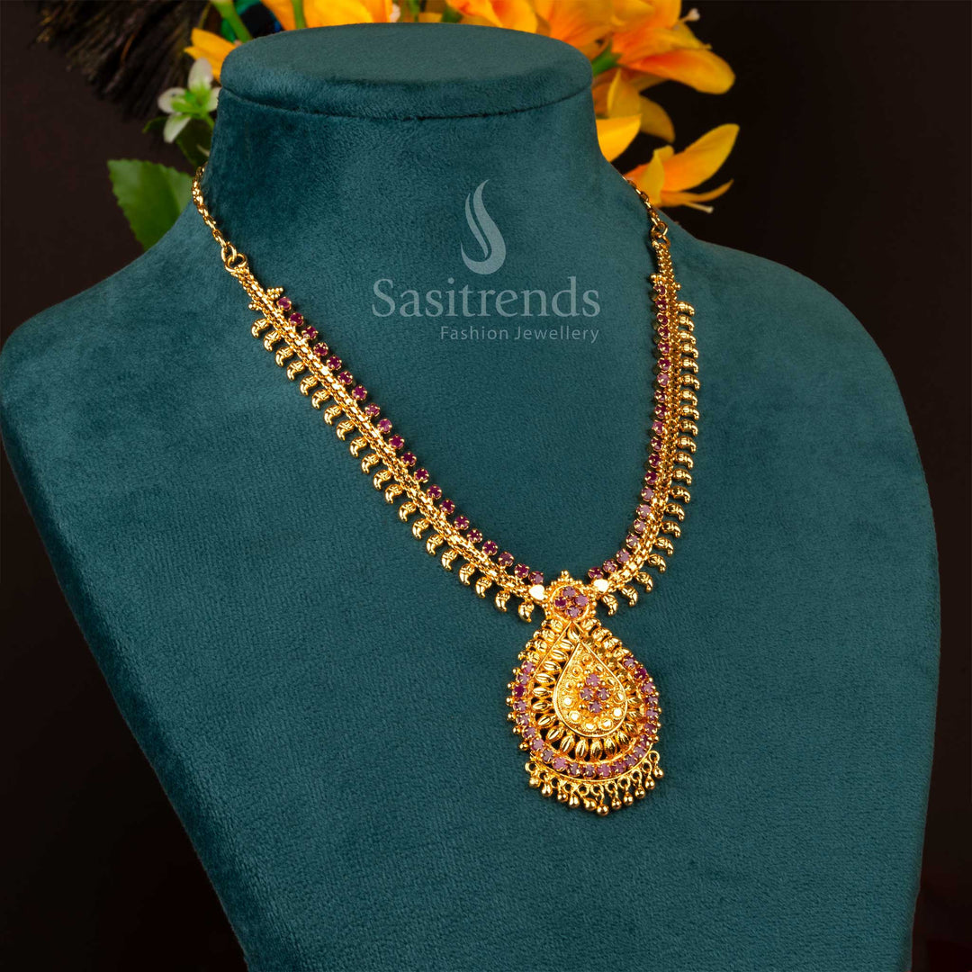 Royal-inspired micro gold plated Thilak pendant Ruby necklace with brass and a luxurious wine-hued stone for statement jewellery - Sasitrends