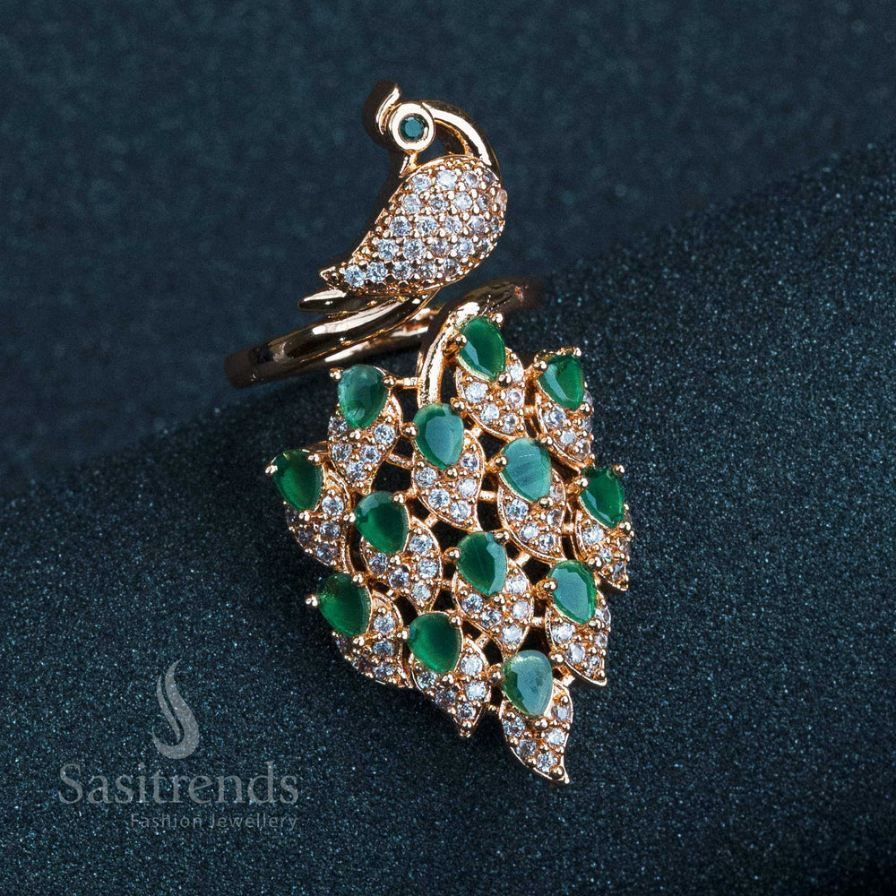 Peacock Adjustable Ring - Rose Gold Plated, White Green American Diamond Stones, Bridal Jewellery
