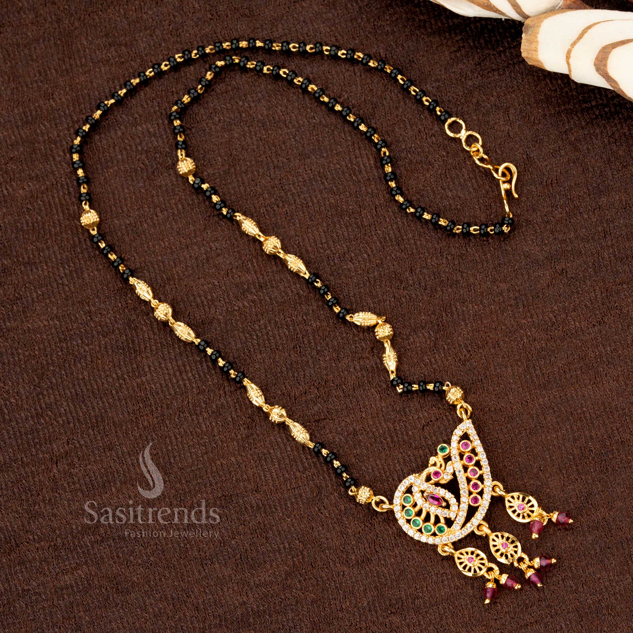 Ornate one gram gold plated AD stone-studded peacock Mangalsutra pendant chain, reflecting artistic traditional beauty - Sasitrends