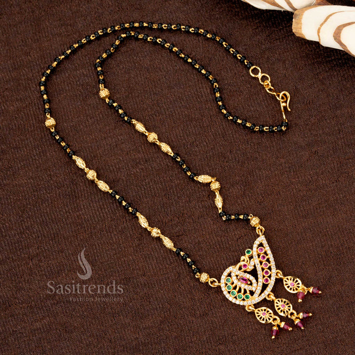 Ornate one gram gold plated AD stone-studded peacock Mangalsutra pendant chain, reflecting artistic traditional beauty - Sasitrends