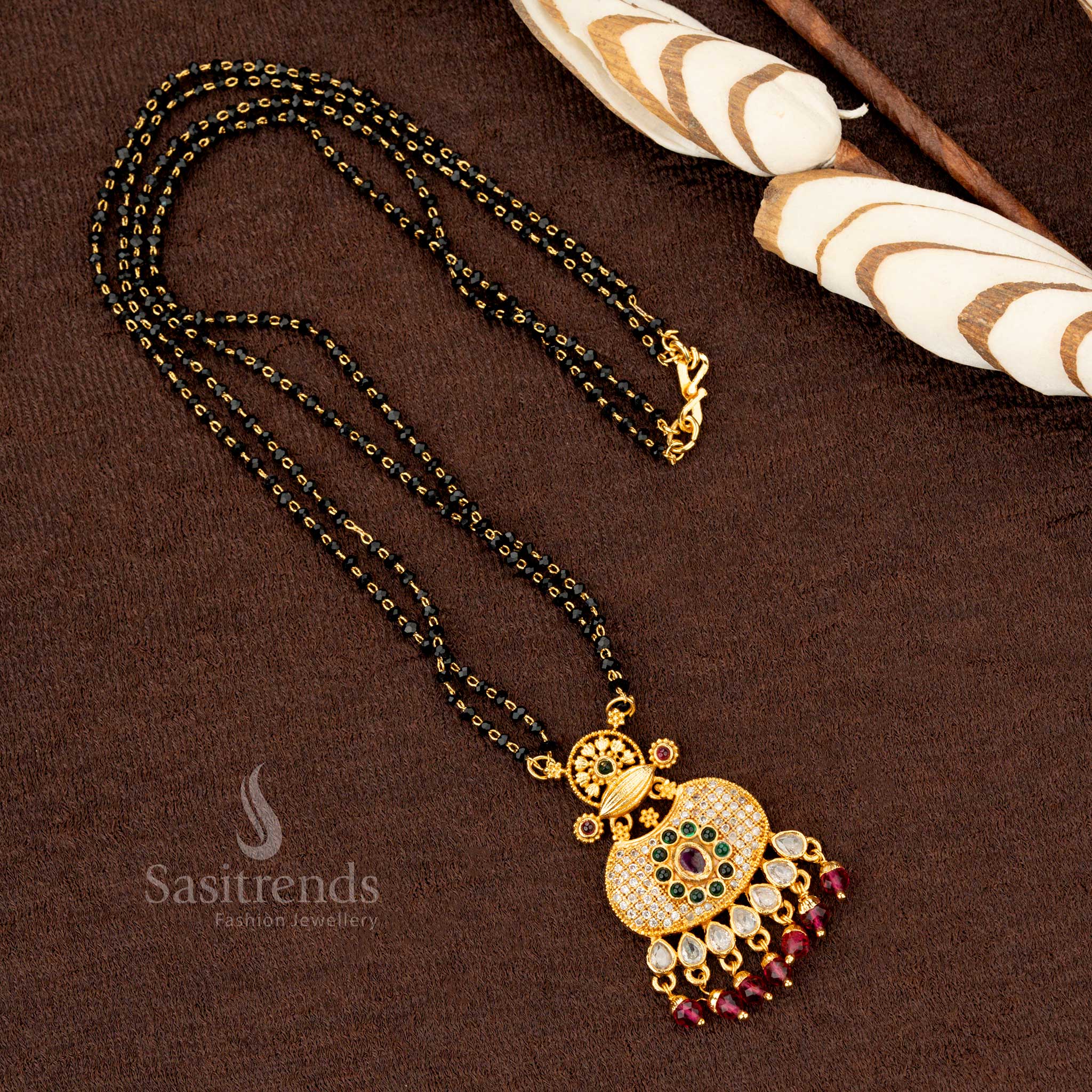 Exquisite micro gold plated one gram AD stone-studded round floral Mangalsutra pendant chain, ideal for traditional occasions - Sasitrends