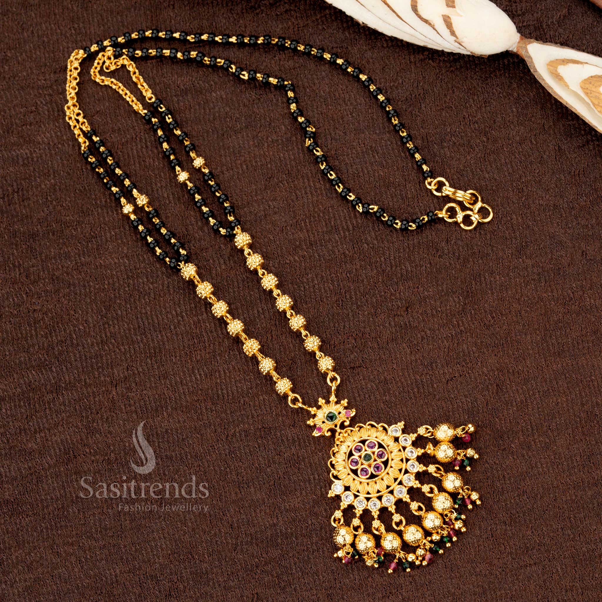 Designer micro gold plated one gram AD stone-studded round floral Mangalsutra pendant chain, radiating elegance and grace - Sasitrends