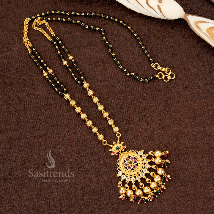 Designer micro gold plated one gram AD stone-studded round floral Mangalsutra pendant chain, radiating elegance and grace - Sasitrends