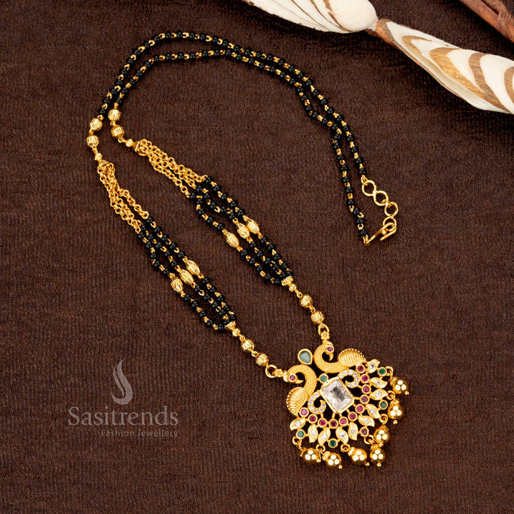 Luxurious micro gold plated one gram AD stone-studded peacock Mangalsutra pendant chain, a stunning piece of designer festive jewellery - Sasitrends